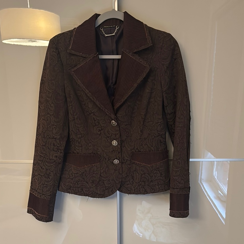 Brown Textured Blazer with Notched Lapels